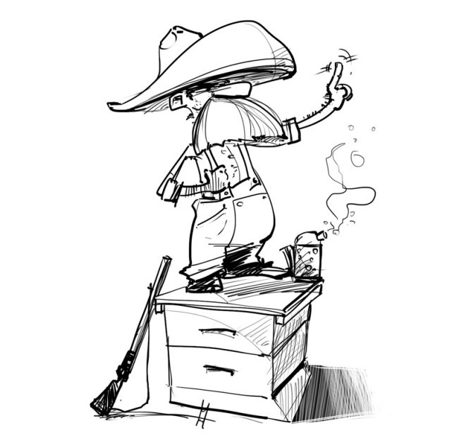 A beekeeper in a cowboy hat is standing by the hive and speaking. Next to him, a rifle is leaning against the hive. Caricature drawing.